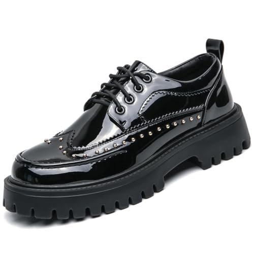 Image of Men's Patent Leather Platform Dress Shoes Classic Round Toe Thick Lug Sole Lace Up Oxfords Comfort Block Heel Derby Business Casual Shoes