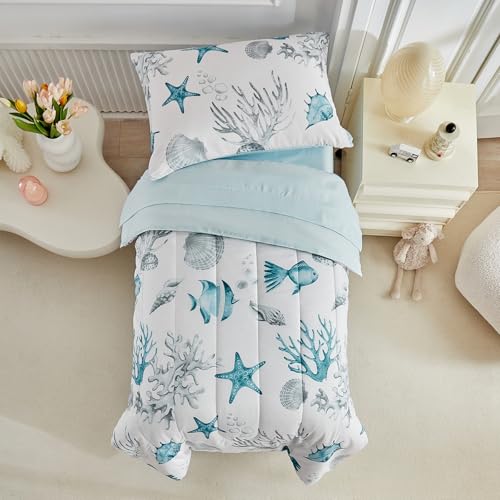 Image of White Toddler Bedding Set for Boys Girls Water Blue Colorful Ocean Starfish Shell Aquatic Plant 4PC Toddler Bed Set - Soft Blue Cute Toddler White Bed in a Bag with Sheet Set and Pillow Shams