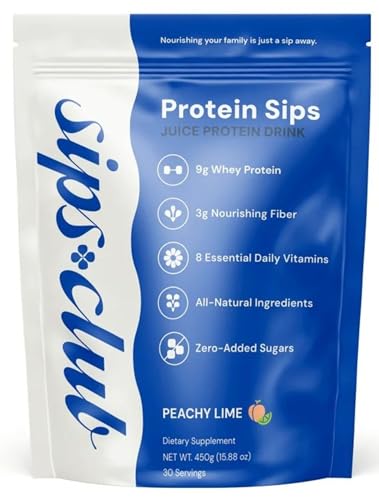 Sips Club Protein Sips with 8 Essential Vitamins Blend - Healthy Protein Mix Powder Packets with All Natural Ingredients, No Added Sugar or Dyes - Peachy Lime (30 Packs)