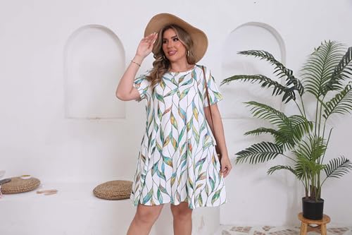 Image of 3X Plus Size Summer Dresses for Women Casual Floral Print T Shirt Dress with Pockets Above Knee Knegth White