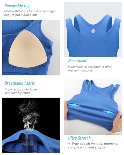 Image of RUNNING GIRL Sports Bras for Women High Impact Seamless Ribbed Longline High Neck Workout Crop Tank Tops Padded(BX3036Bright Blue,M)