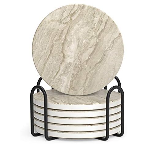 LIFVER Coasters Set of 6 Absorbent Drink Coasters with Holder, Marble Style Ceramic Thirstystone Coasters for Home Decor Coffee Table Protection, 4 Inches Suitable for Kinds of Cups Housewarming Gift Cover