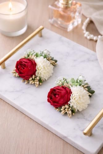 Image of SATYAM KRAFT 18 Pcs Handmade Artificial Peonies Flower Bunch for Hamper, Flower Brooch Hamper, Trousseau Packing, Decoration, Gifting, DIY Craft & Wedding (Red Bunch)