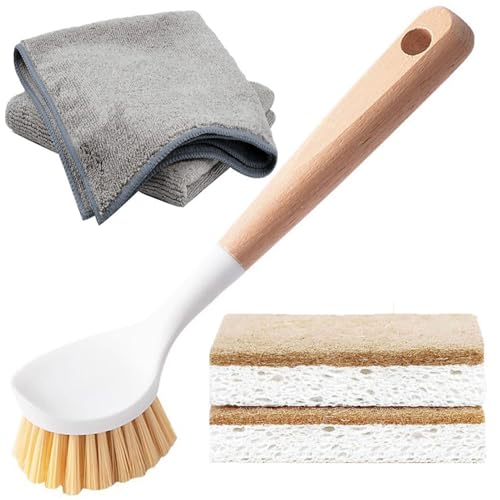Xemnys Juego de cepillos de lavado, cepillo para platos con mango de madera natural, esponja ecológica compostable para platos de cocina, paño de limpieza de microfibra, cepillo para fregar platos,