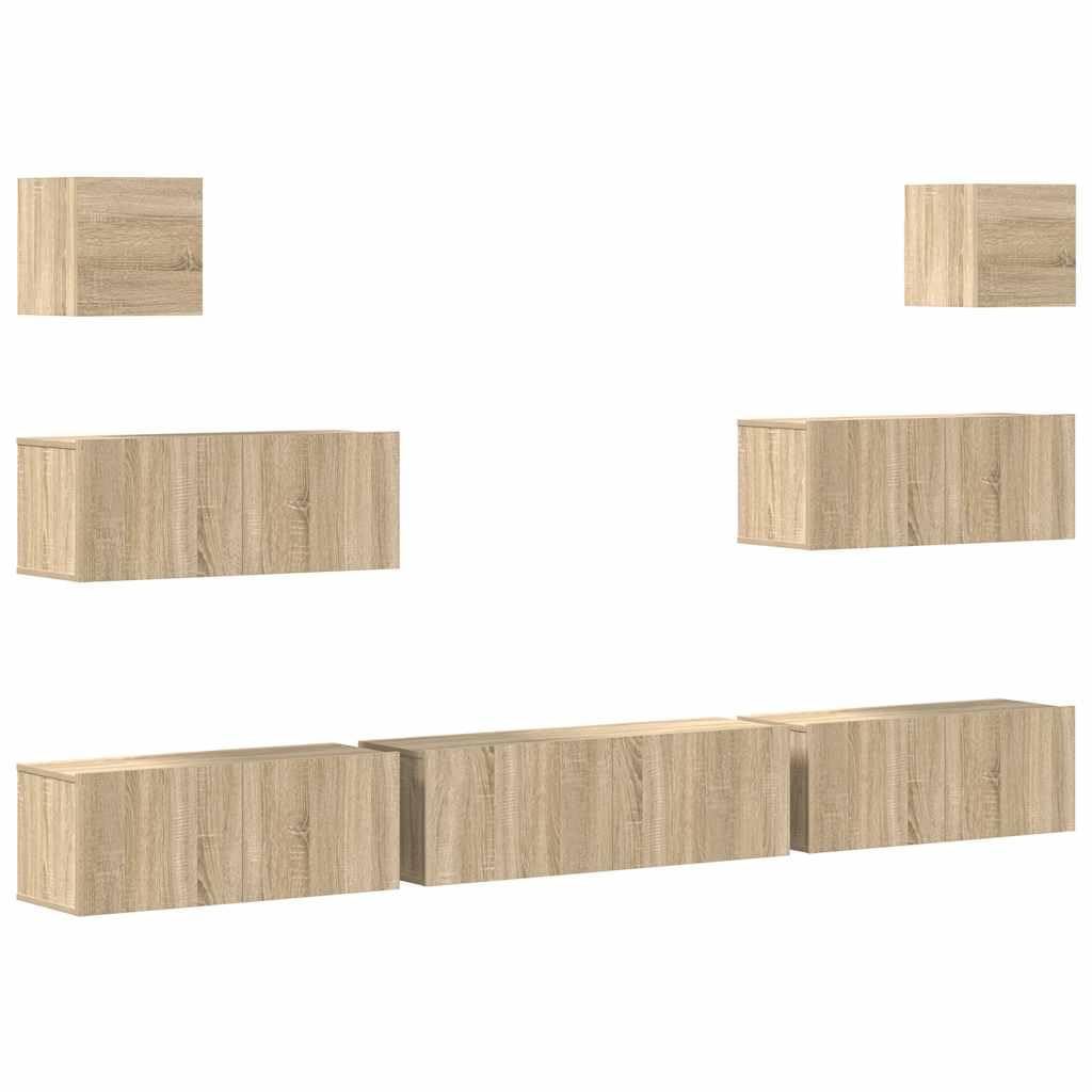 7-TLG. TV-Schrank-Set Sonoma-Eiche, Holzwerkstoff, Hängend, Modernes Media-Center für Wohnzimmer, Robust & Vielseitig