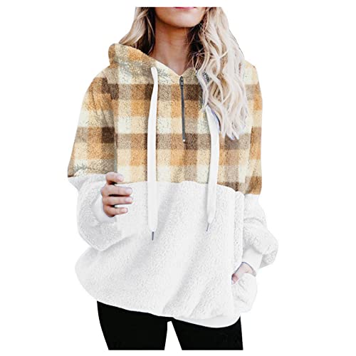 Mujer Plaid Impreso Lana Artificial Manga Larga Casual Color Sólido Cremallera Suéter Suéter Suéter Suelto Conejo Lindo Con Capucha Gruesa Blusa Sudadera Con Bolsillos Abrigo Mi (Yellow, XL)