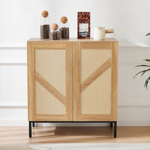Mericonia Rattan Buffet Cabinet with Metal Legs, Wood Boho Kitchen Storage Cabinet with Adjustable Shelf, Sideboard with Natural Rattan Doors, Farmhouse Coffee Bar for Livingroom and Dining Room