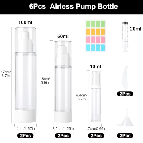 MirraSwit 6 Stück Airless Pumpspender, 100ml/50ml/10ml Creme Spender Pumpflasche Leer, Nachfüllbar Vakuum Kosmetikbehälter, mit Spatel, Trichter, Aufkleber für Reise Lotionen Shampoo Kosmetik
