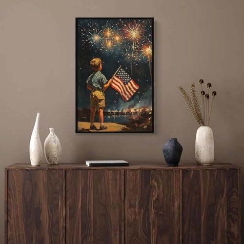 Image of American Flag Canvas Wall Art, 4th of July Patriotic Poster Print, Boy Holding USA Flag and Dark Night Fireworks Picture, Independence Day Wall Decor for Bedroom Living Room 24x36in Wrapped Canvas