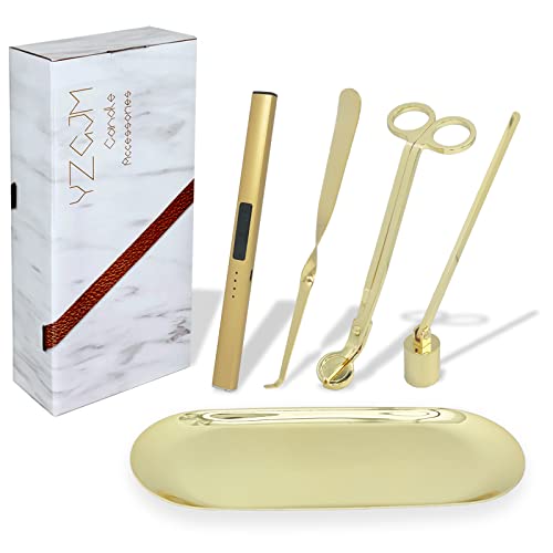 Exquisite Candle Accessories Tool Pack Bag, Rechargeable Electric Lighter, Wick Trimmer, Dipper, Snuffer and Tray Holder Elegant Kit Gift for Candle Lovers in Dating, Valentines Decor. ( Lemon Gold )