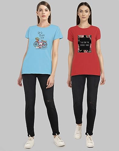 Image of Combo Women's T-Shirts, Cotton Half Sleeves Round-Neck Printed T-Shirt for Girls, & Women Tees (Pack of 2) 960-980-