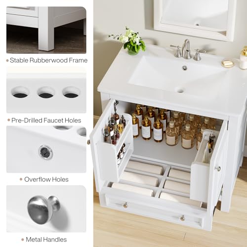 Image of Tribesigns 30 inch Bathroom Vanity with Sink, Freestanding Bathroom Vanities Cabinet with Ceramic Basin Combo, Bathroom Sink Cabinet with 2 Doors and 1 Drawer, Solid Wooden Frame (White, 30 INCH)