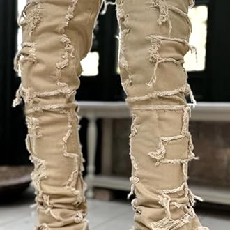 Stacked Jeans Men Skinny Ripped Jeans Slim Fit Patchwork Denim Pants Y2K Goth Harajuku Emo Hip Hop Jeans Trouser