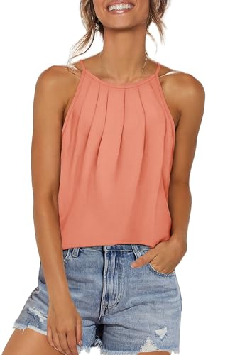 WIHOLL Womens Pleated Tank Tops Spaghetti Strap Camisole Halter Tops Curved Hem Fashion 2026