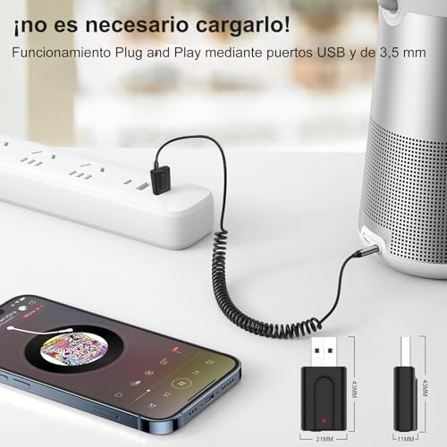 USB Bluetooth 5.0 Transmisor y Receptor, 2 en 1 Adaptador Audio con Jack 3.5mm Cable para Televisión PC Amplificador Coche Móvil Altavoces - imagen 6