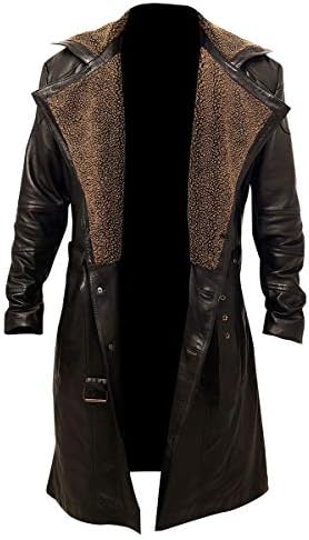 SHOQZ FASHIONZMENS GERMAN WW2 BROWN BELTED FUR REAL LEATHER TRENCH LONG WINTER COAT JACKET (XXXXL)