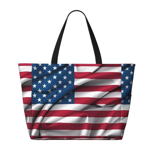 American Flag Large capacity beach bag with zipper, perfect for grocery bag pool gym travel shopping foldable beach travel bag,2