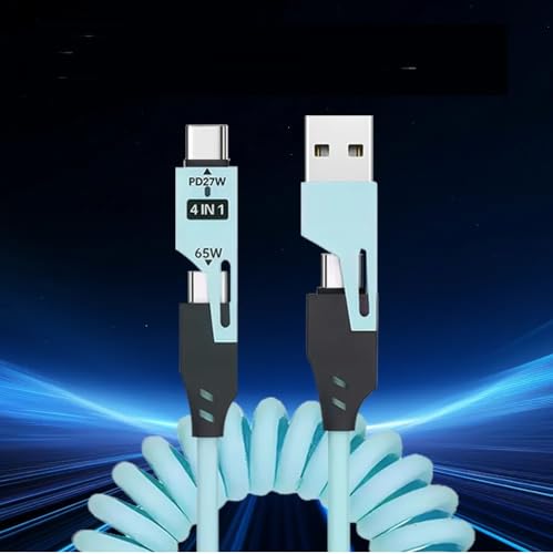 Image of 4-in-1 Fast Charging Cable 65W - USB & Type-C to Type-C /I Multi-Device Spring Coiled Charging Cable - Universal High-Speed Data Cable for iPhone, Android, iPad, Laptop & More