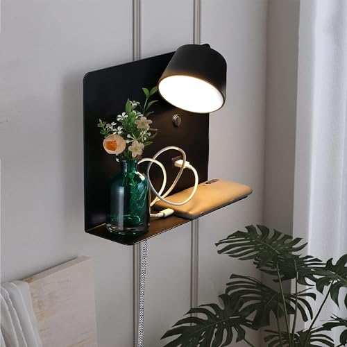 Image of SUNLLOK LED Wall Lamp with USB Charging Port Case, Modern Reading Wall Sconces with Shleves, Adjustable Lampshade Source Warm White Wall Mounted Lamp Decoration for Living Room, Bedroom, Black