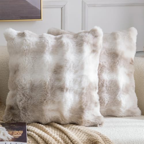 Image of Madizz Pack of 2 Thick Plush Faux Wool Cushion Covers 45x45 cm Oatmeal Taupe Soft Neutral Decorative Throw Pillow Covers Accent Boho Pillowcases for Couch Sofa Bedroom Pillow Shell