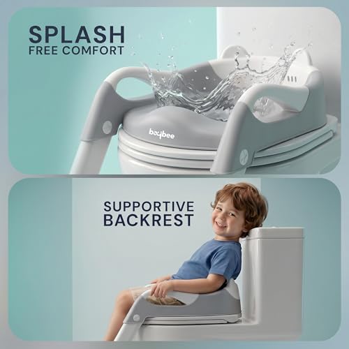 Image of Baybee Aura Pro Baby Ladder Potty Training Seat for Kids | Foldable Baby Western Toilet Seat with Adjustable Height, Grip Handle & Backrest | Potty Training Seat Chair for Kids 1 to 8 Years (Grey)