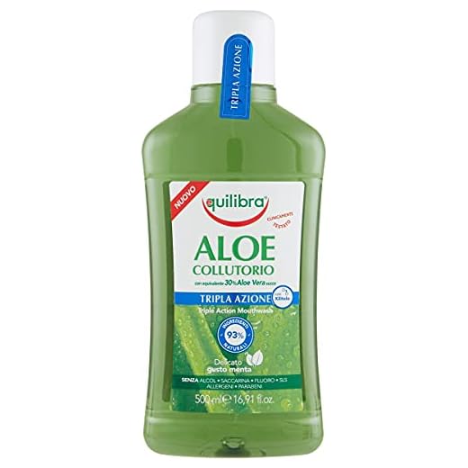 Equilibra Cuidado Bucal, Colutorio Triple Acción a Base de Aloe Vera, Colutorio Calmante que Protege Contra las Bacterias, Contrarresta las Caries, el Sarro y las Enfermedades de las Encías, 500 ml
