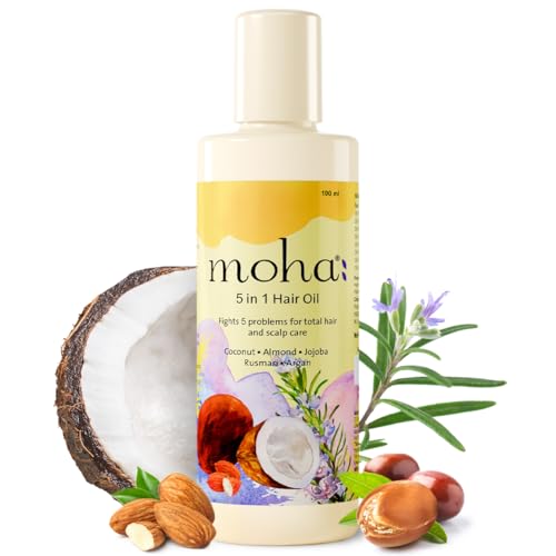 Moha 5-In-1 Ayurvedic Hair Oil with Blend of Rosemary, Coconut, Argan, Jojoba & Almond for Improvement in Hair Growth & Reductiond in Dandruff | Ayurvedic Hair Oil for Hair Loss, Breakage, Frizzy & Hair Thinning | Add Shine, Softens Hair, Damage Protection, Non-Sticky, Lightweight & Strengthening | Clinically Proven for 63% Reduce in Hair Fall – 100 Ml (Pack of 1)
