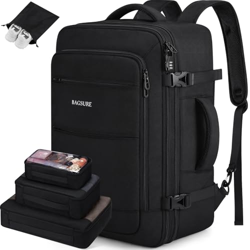 Bagsure Travel Backpack Carry On Backpack 42L Flight Approved, Expandable Laptop Backpack with Packing Cubes & Shoe Pocket, Water Resistant Luggage Backpack for Men Women, Large Backpack 20 * 14 * 7'