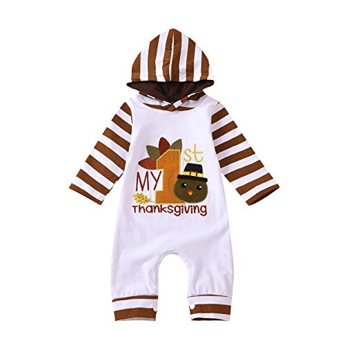 Image of My First Thanksgiving Newborn Baby Girl Boy Hooded Romper Clothes Set Stripe Sleeve Infant Outfits Set Jumpsuit 0-3M)