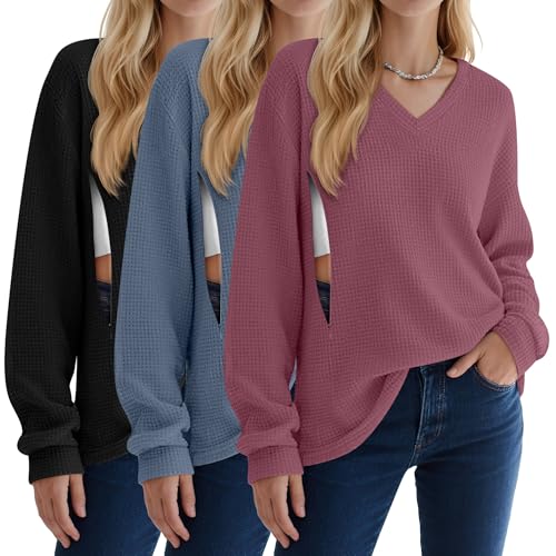 Image of Sweetyweee 3 Pack Women's Oversized Nursing Tops Waffle Knit V Neck Breastfeeding Long Sleeve Shirts Hidden Zipper Sweatshirt