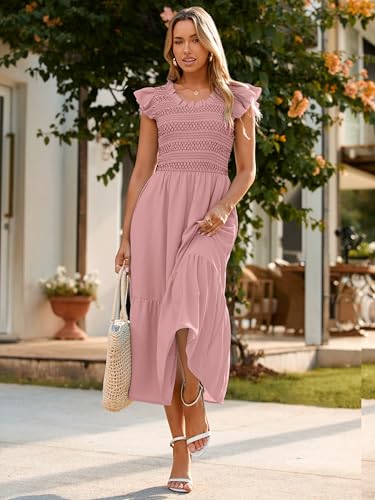 Image of Simplee Womens Summer Midi Dress Casual Boho Smocked Waist Flutter Sleeve A Line Flowy Tiered Dress with Pockets