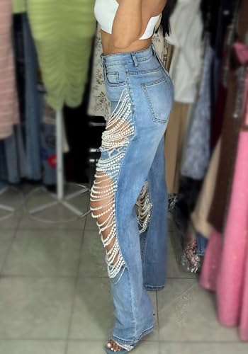 Vaceky Pearl Ripped Jeans Womens High Waist Stretchy Straight Leg Y2K Western Denim Pant2