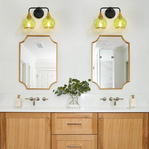 Image of Black and Gold Bathroom Vanity Light 2-Lights Bathroom Light Fixtures Over Mirror with Green Clear Glass Shade 14 inch Wall Sconce Lighting Bath(Exclude E26 Bulb)