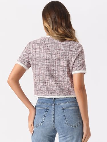 Image of Allegra K Short Sleeve Tweed Jacket for Women Summer Crew Neck Button Front Cropped Cardigan