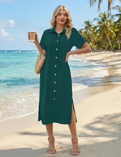 Image of HOTOUCH Womens Dress Summer Casual Midi Short Sleeve Button Down Shirt Dresses Loose Beach Cover Up with Pockets