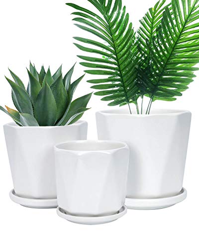 White Ceramic Geometric Indoor Plant Pot with Tray - Set of 3 Middle and Large Modern Planter (5.4\" 6.8\" 8.1\"), Diamond Texture Flower Pots with Drainage Hole and Saucer for Indoor Outdoor Plant