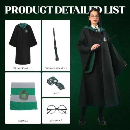 Image of PATPAT Harry Costume Cloak Cosplay Robe for Women Men, House of Slytherrin Outfit Set with Tie, Wand & Round Glasses, Magic Wizards Halloween Costume for Teens Adults, Compatible with Size M