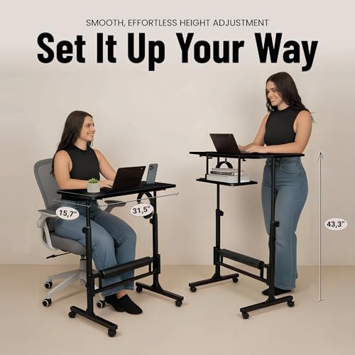 Image of Small Rolling Desk with Wheels, Adjustable Height 27 inch-43.3 inch Portable Standing Desk, 31.5 inchx15.7 inch Tabletop, Mobile Laptop Computer Table for Home Office Workstation, Black