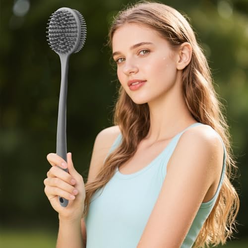 Image of Silicone Body Scrubber for Shower Men Women - Dual-Sided Exfoliating & Massage Shower Brush with Long Handle, Creates Rich Lather, Includes 1 Hook & 2 Lather Balls (Gray).