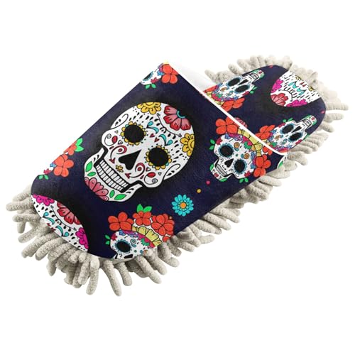 Kigai Colorful Skulls Mop Slippers for Floor Cleaning, Slippers for Women Men, Microfiber Floor Cleaning, M