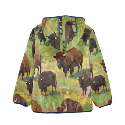 Buffalo Herd on Grassland Artwork Toddler Fleece Jacket Girl Boys Hooded Fleece Jacket Coat Warm Outwear Zip-up 3-10T2