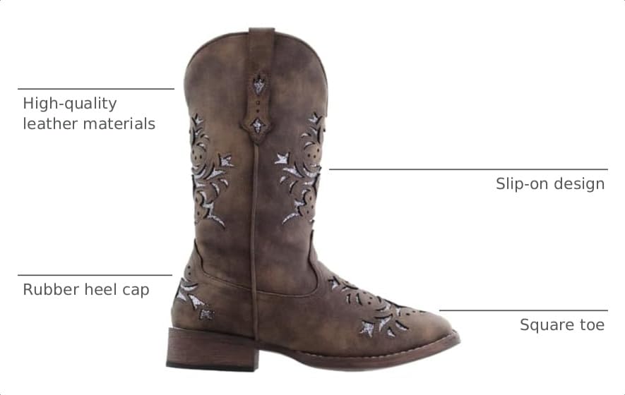 Image of ROPER Womens Kennedy Glitter Tooled Inlay Square Toe Pull On Casual Boots Mid Calf Low Heel 1-2 inch