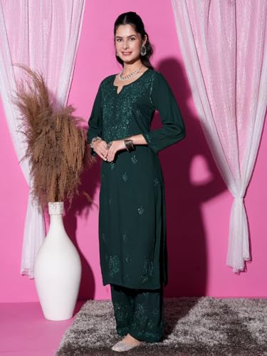 Image of Fashion Chikan Art Women's Lucknowi Premium Chanderi Silk Hand-Embroidered Chikankari Kurti & Palazzo Set | Elegant Festive & Casual Wear Ethnic Suit
