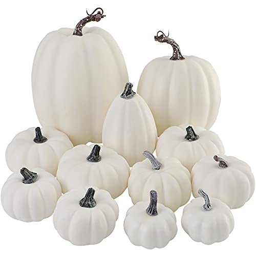 Miaikoe Paket von 12 Pcs Verschiedene Größen Künstliche weiße Kürbisse Große Faux Ernte Kürbisse für Herbst Herbst Thanksgiving Halloween Saisonale Urlaub Dekor Dekoration