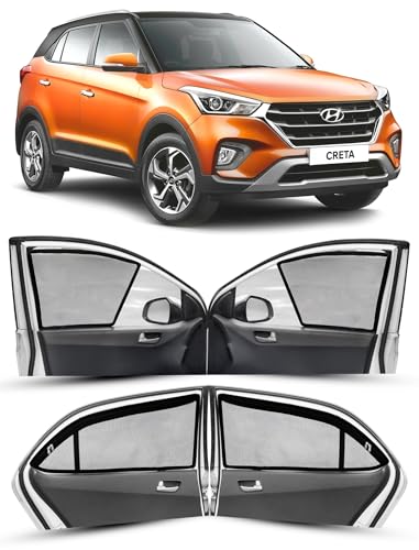Image of Autofact Magnetic Car Sunshades Compatible with Hyundai Creta Old (2015 to 2020) (Set of 4) - Easy Installation, UV Protection (Front 2 Half-Cut for Side Mirror Visibility, Rear 2 with Zippers)