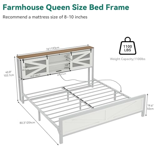 YITAHOME Farmhouse King Size Bed Frame with Headboard, Bookcase Storage Shelves, Sliding Grid Barn Door, Charging Station, Rustic Wood Platform Bed, No Box Spring Needed, White