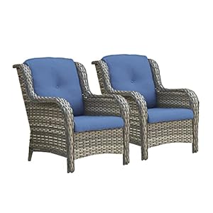 Patio Chairs Outdoor Wicker Chair Rattan Dining Chairs Porch Chairs Outside Club Chairs with High Back and Deep SeatingMixed GreyBlue