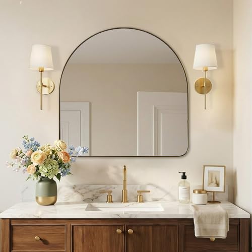Image of ANDY STAR Arched Mirror, 36 x 36 Inch Brushed Gold Wall Mirror in Stainless Steel Metal Frame, Arch Top Rounded Corner 1 Inch Deep Set Design Wall Mount Hangs Vertical