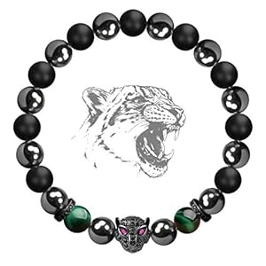 Karseer Black Panther Anxiety Bracelet, Natural Matte Onyx Healing Crystal and Magnetic Hematite Energy Balance Stone Beaded Elastic Bracelet, Handmade Prayer Meditation Stress Relief Bracelet