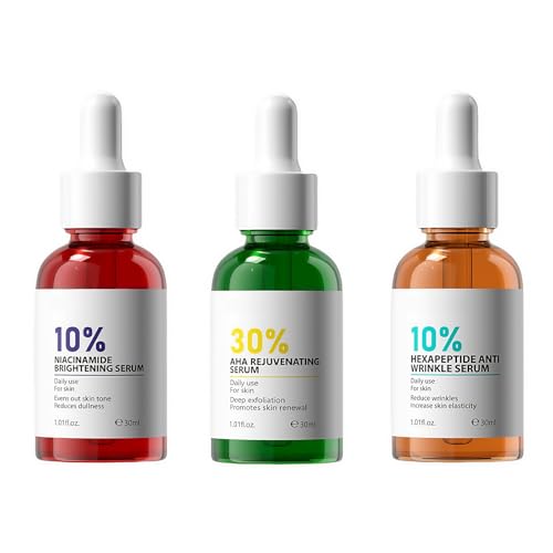 3er Set Gesichtsserum – 30% AHA Peeling Serum für glatte Haut, 10% Niacinamid Gesichtsseren für strahlenden Teint & 10% Peptid Serum gegen Falten – Hautpflege Set für Frauen & Männer